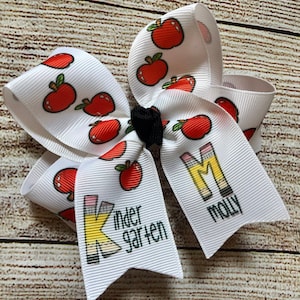 Medium or Large Monogrammed Back to School Hair Bow, First Day of Kindergarten, PreK Personalized Apple Hairbow with Initial or Monogram