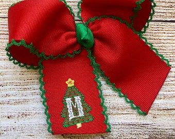 You Choose Colors...Monogrammed Medium or Large Moonstitch Hair Bow with Embroidered Christmas Design…Tree, Santa, Snowman, Gift Hairbow