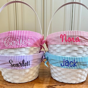 Personalized Easter Bamboo Wicker Basket Tote with Liner, Kids Plaid Stripe Bucket w/ Name & Monogram, Monogrammed Seersucker Egg Bunny Bag