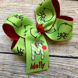 Medium or Large Christmas Monogrammed Green and Red Character Hair Bow, Personalized 4 or 5.5 inch Holiday Gifts Bow with Initial Monogram