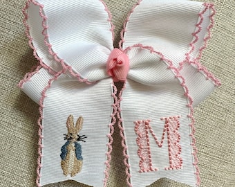 Personalized Monogrammed Medium or Large Moonstitch Hair Bow Easter Bunny Initial Hairbow, Custom Easter Bunnies Monogram Letter Hairbows