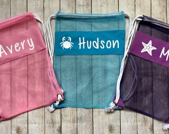 Personalized Seashell Mesh Back Pack Tote…Kids Beach Bag…Monogrammed Backpack Sea Shell Bags…Summer Accessories with Name Monogram