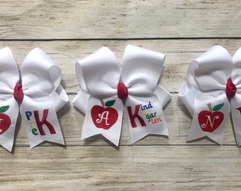 Large Monogrammed Back to School Hair Bow, First Day of Kindergarten, PreK Personalized Apple Hairbow with Initial, You Choose Colors!