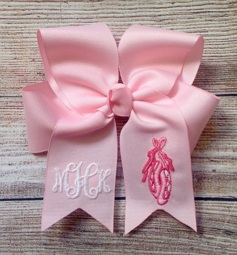 You Choose Colors...Monogrammed Medium or Large Hair Bow w Ballet Shoes\u2026Personalized Ballerina Hairbow with Initial or Monogram