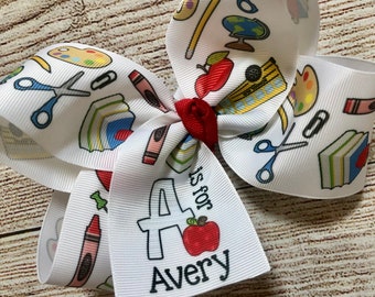 Medium or Large Monogrammed Back to School Hair Bow, First Day of Kindergarten, PreK Personalized Apple Hairbow with Initial is for Name