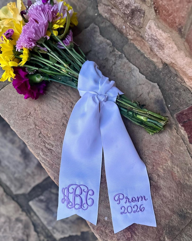 Personalized Monogram Ribbon for Bouquet, Embroidered Wedding Flower Ribbon, Prom Bouquet Ribbon, Custom Name Sash, Bridal Bouquet Wrap image 1