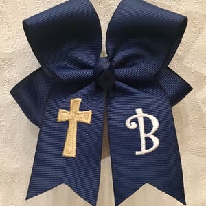 You Choose Colors...Monogrammed Medium or Large Hair Bow w/ Back to School Cross Design…Personalized Christian Private School Hairbow