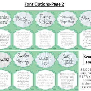 Puede incluir: Una p&aacute;gina que muestra varias opciones de fuentes para proyectos de dise&ntilde;o. Las fuentes se presentan en marcos decorativos con texto de muestra como "Chunky Bears" y "Emily". Cada fuente va acompa&ntilde;ada de un alfabeto completo y un conjunto de n&uacute;meros. Tambi&eacute;n es visible el texto "Scandi Font".