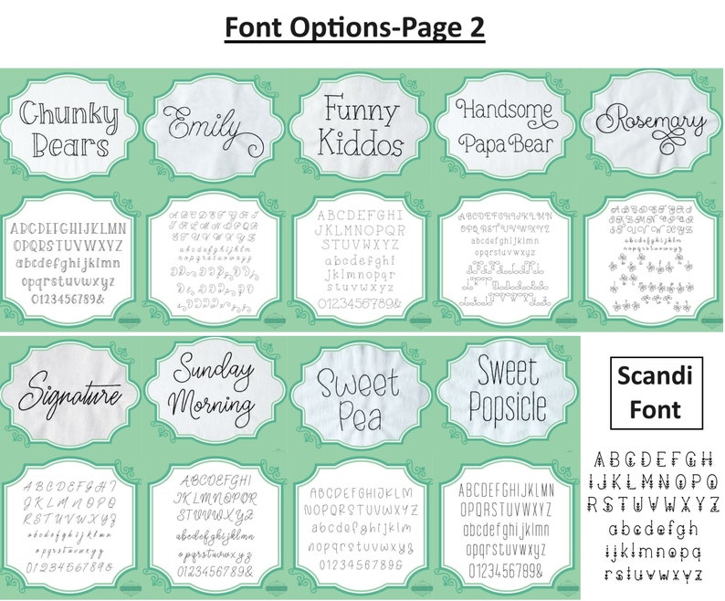 Puede incluir: Una p&aacute;gina que muestra varias opciones de fuentes para proyectos de dise&ntilde;o. Las fuentes se presentan en marcos decorativos con texto de muestra como "Chunky Bears" y "Emily". Cada fuente va acompa&ntilde;ada de un alfabeto completo y un conjunto de n&uacute;meros. Tambi&eacute;n es visible el texto "Scandi Font".
