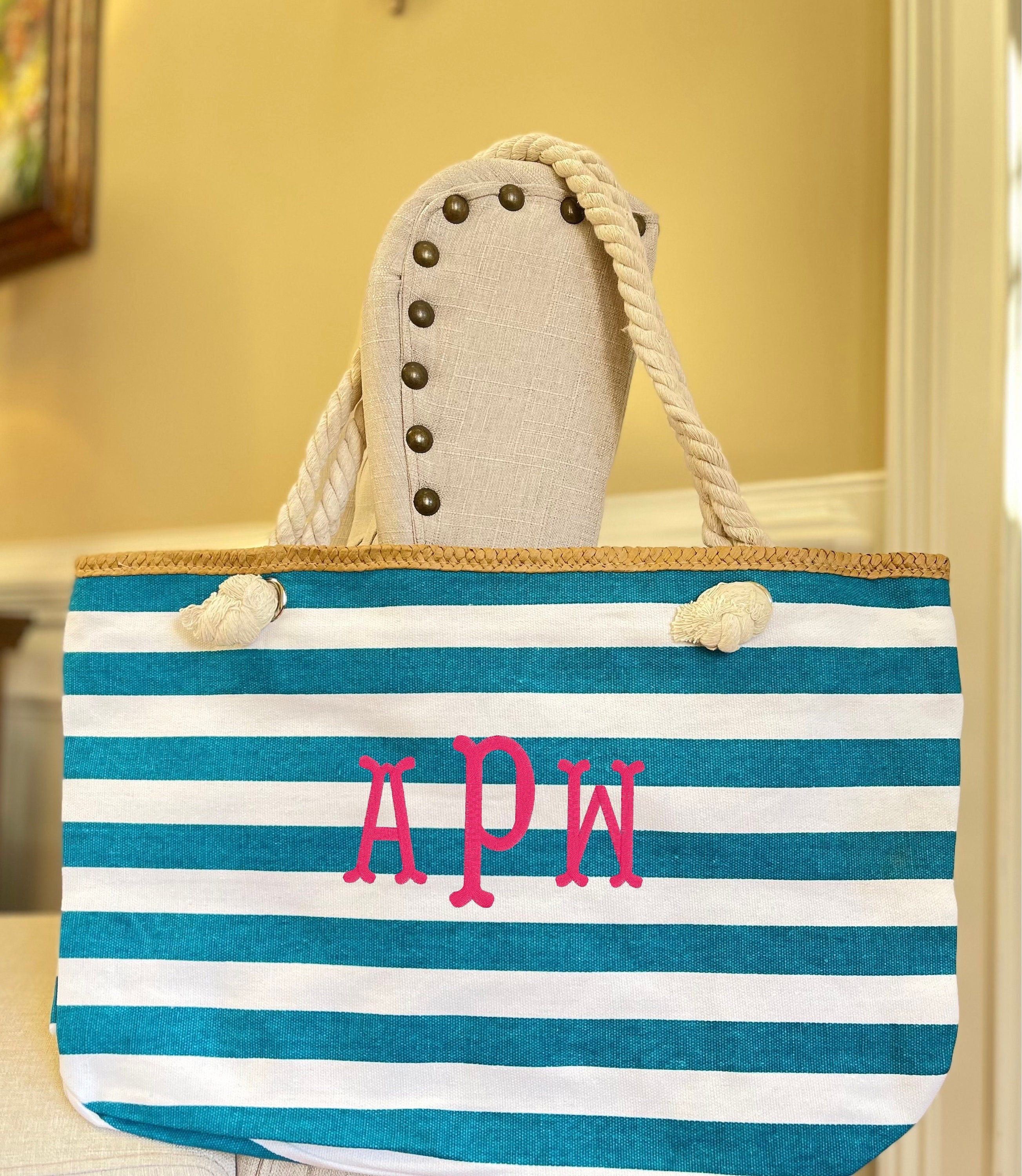 Personalized Striped Beach Tote Monogrammed Canvas Summer - Etsy