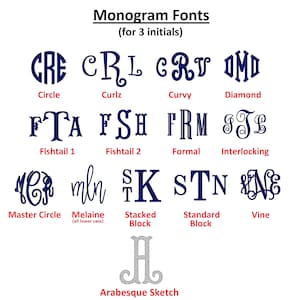Puede incluir: Imagen que muestra varios tipos de fuentes de monogramas para tres iniciales. Las fuentes incluyen Circle, Curlz, Curvy, Diamond, Fishtail 1, Fishtail 2, Formal, Interlocking, Master Circle, Melaine, Stacked Block, Standard Block y Vine. Tambi&eacute;n se muestra una fuente Arabesque Sketch.