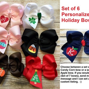Set of 6 Holiday Monogrammed Medium or Large Boutique Hair Bows…Personalized 4 inch or 5.5 inch Bow for Every Occasion…You choose colors!
