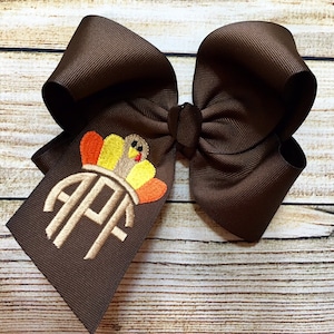 You Choose Colors! Medium or Large Monogrammed Turkey Hair Bow…Personalized Thanksgiving, Fall Boutique Bow w/ Monogram