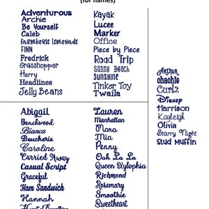 Pu&ograve; includere: Un grafico con un elenco di opzioni di font da ricamo per i nomi. I font sono visualizzati in testo blu su uno sfondo bianco.