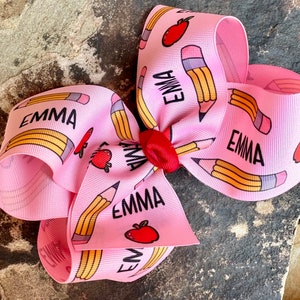 Medium or Large Monogrammed Back to School Hair Bow, First Day of Kindergarten, PreK Personalized Apple Hairbow with Initials, Pencil Bows