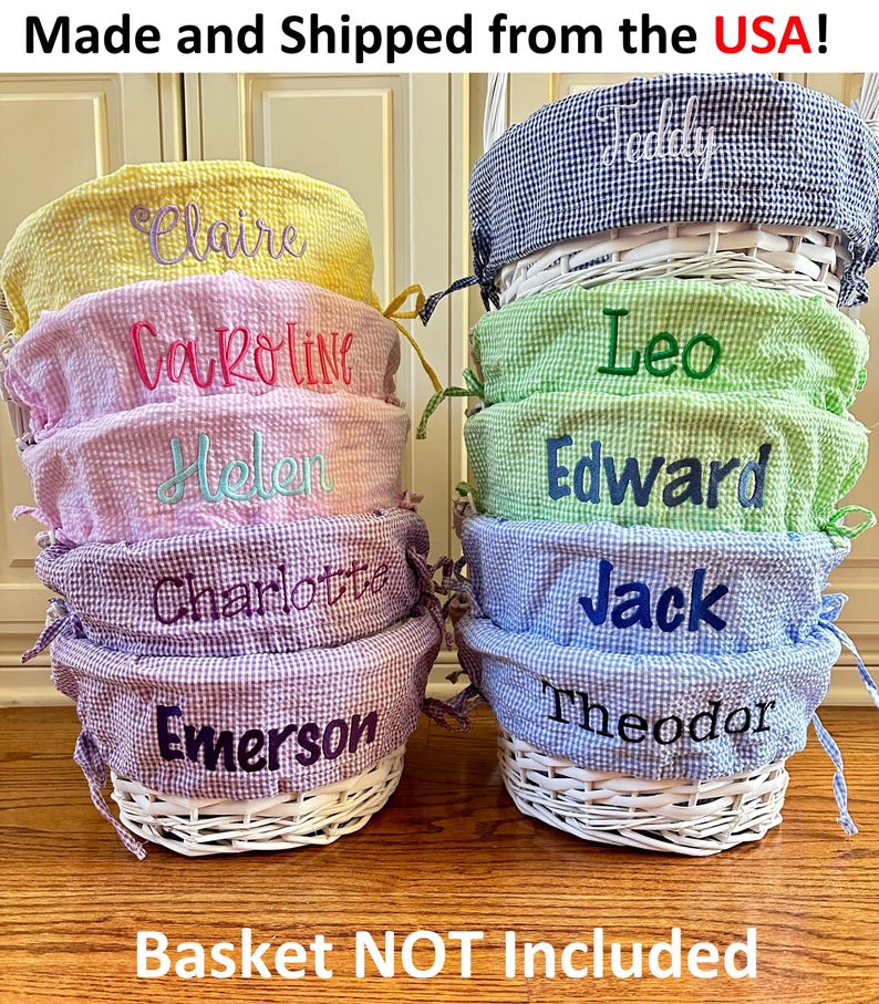 RESTOCKED Personalized Easter Basket Liner ONLY, Kids Seersucker Fabric w/ Name or Monogram, Monogrammed Bunny Tote, Boy & Girl Liners immagine 2