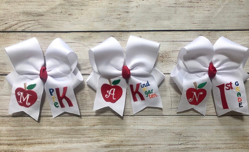 Large Monogrammed Back to School Hair Bow, First Day of Kindergarten, PreK Personalized Apple Hairbow with Initial, You Choose Colors image 1