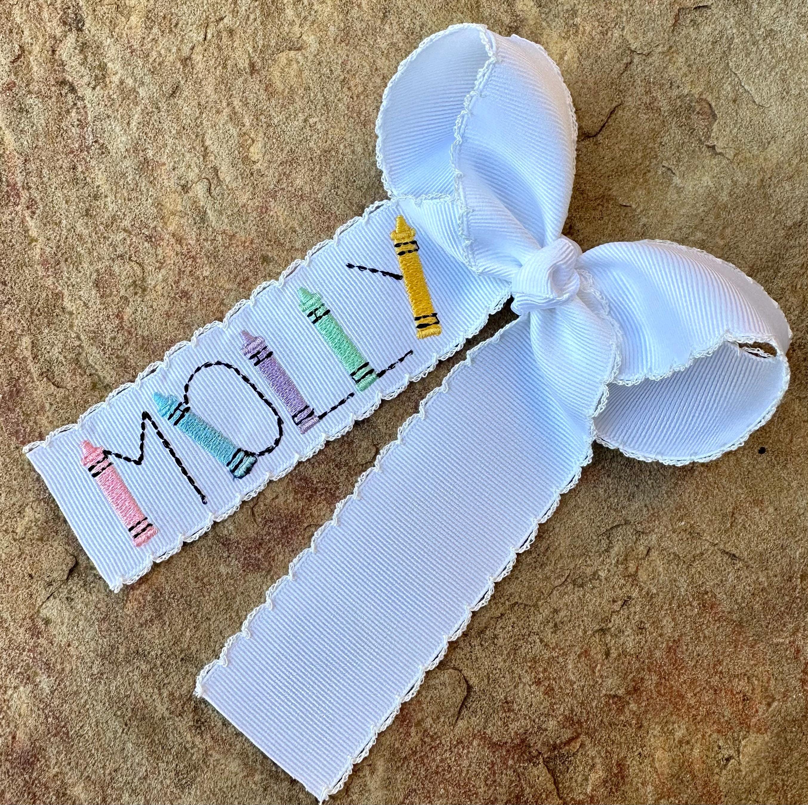 Personalized Monogrammed Moonstitch Hair Bow with Embroidered Crayon Name Hairbow, Custom Back to School Hairbows Moon Stitch