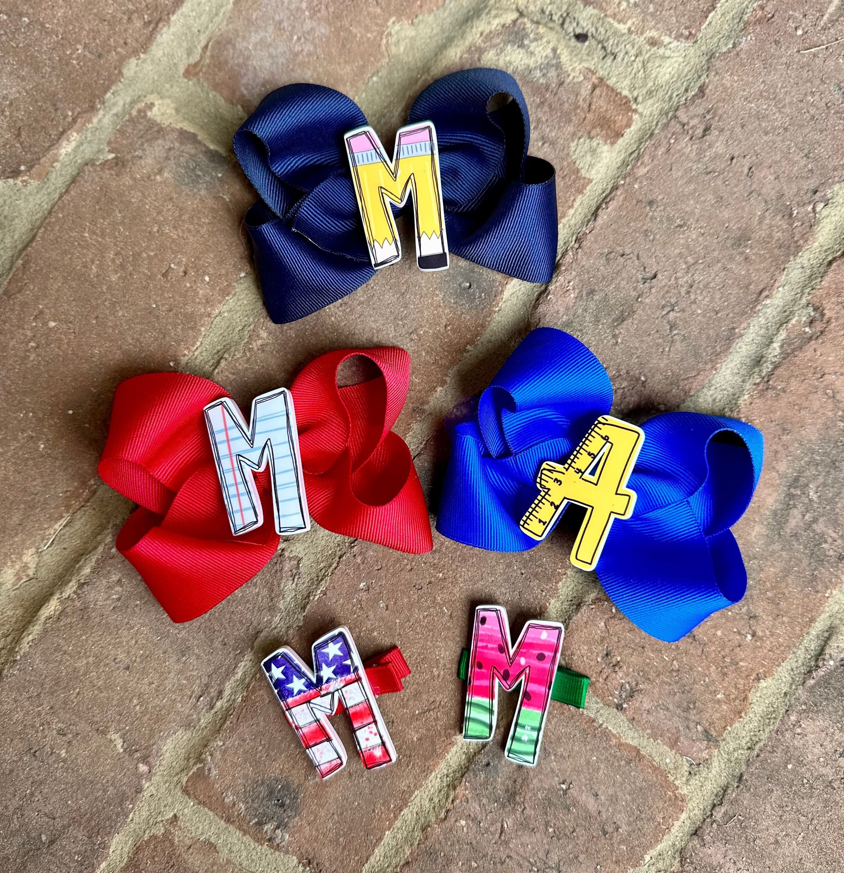 Personalized Acrylic Hair Bow, Apple Pencil Paper Crayon Custom School Hairbow Clip, Monogram Centerpiece Hairbows, Monogrammed Clips