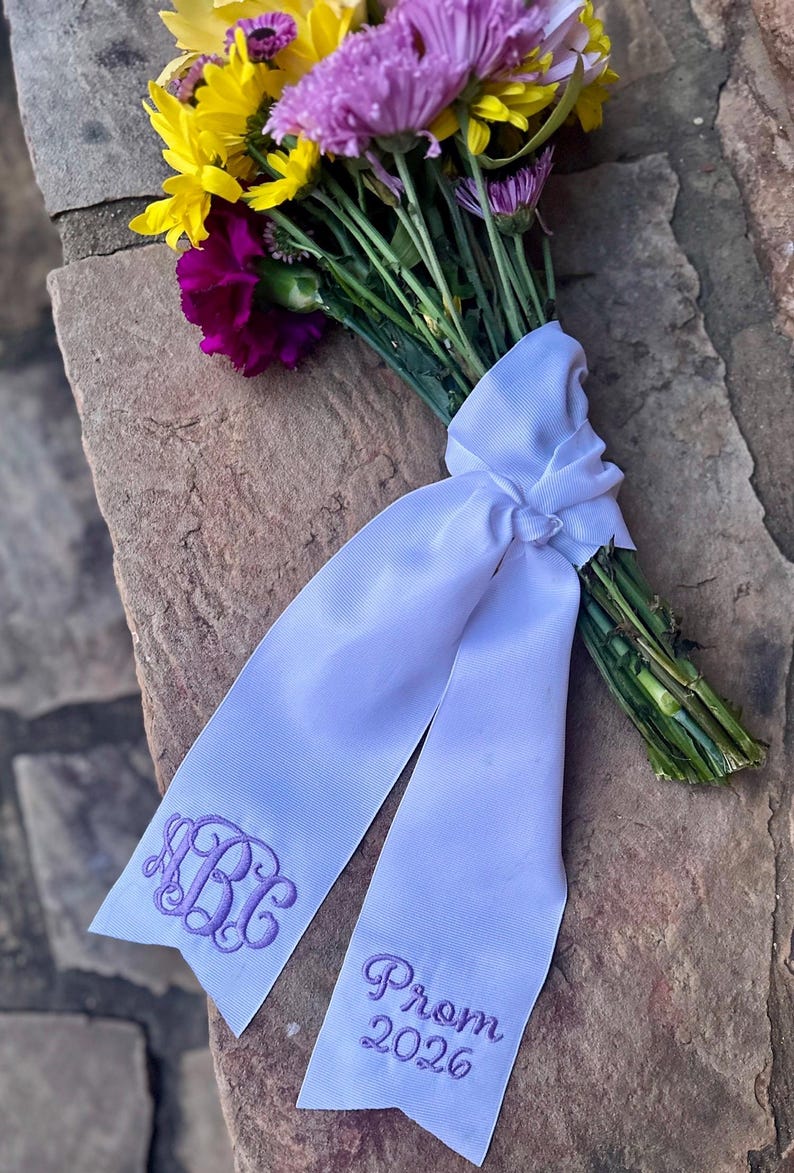 Personalized Monogram Ribbon for Bouquet, Embroidered Wedding Flower Ribbon, Prom Bouquet Ribbon, Custom Name Sash, Bridal Bouquet Wrap image 2