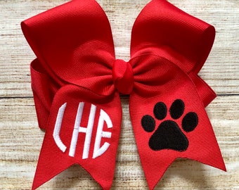 You Choose Colors...Medium or Large Monogrammed Paw Print School Mascot Hair Bow…Personalized Bulldog Wildcat Tiger Hairbows with Initial