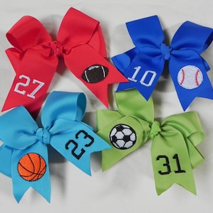 You Choose Colors…Medium or Large Hair Bow w/ Sports Design…Baseball, Football, Basketball, Soccer & more with Jersey Number or Initials