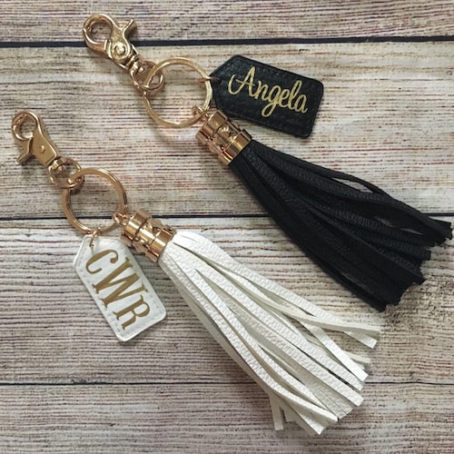 Tassel Keychain With Personalized Leather Letter Charm Etsy