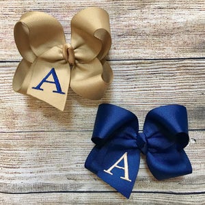 Set of 2 Monogrammed Small, Medium or Large Back to School Navy & Khaki Hair BowsPersonalized School Uniform Boutique Hair Bow with Initial image 2