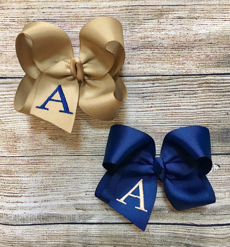 Set of 2 Monogrammed Small, Medium or Large Back to School Navy & Khaki Hair BowsPersonalized School Uniform Boutique Hair Bow with Initial image 2