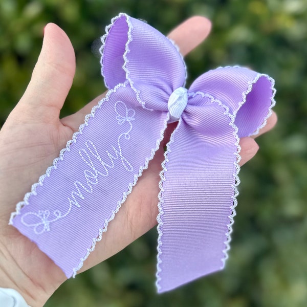 Personalized Monogrammed Medium or Large Moonstitch Hair Bow with Embroidered Butterfly Name Hairbow, Custom Spring Flowers Hairbows