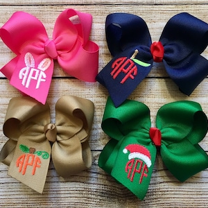Set of 4 Holiday Monogrammed Medium or Large Boutique Hair Bows…Personalized 4 inch or 5.5 inch Bow for Every Occasion…You choose colors!