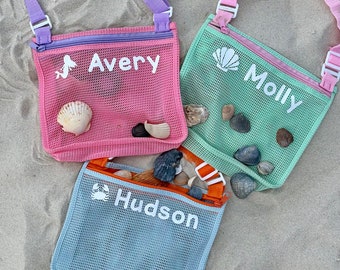 RESTOCKED Personalized Seashell Zipper Mesh Back Pack Tote…Kids Zip Beach Bag…Monogrammed Backpack Sea Shell Bags…Summer Pool Accessories