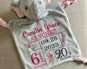 Personalized Baby Birth Stats Blanket Lovie, Infant Stats Blankie, Newborn Baby Boy or Girl Gift w/ Name, Monogrammed Security Blanky