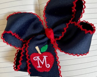 You Choose Colors...Medium or Large Monogrammed Back to School Moonstitch Hair Bow…Personalized Apple Scalloped Boutique Bows with Initial