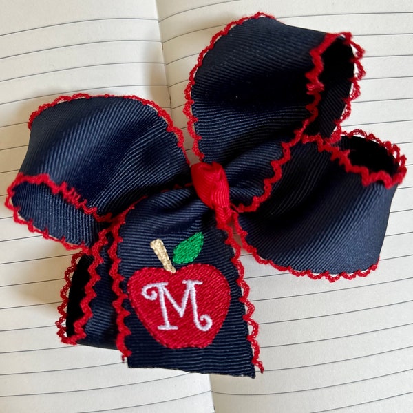 You Choose Colors...Medium or Large Monogrammed Back to School Moonstitch Hair Bow…Personalized Apple Scalloped Boutique Bows with Initial