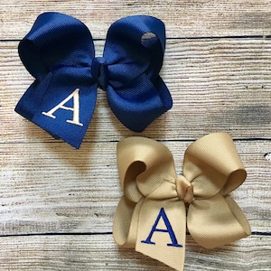 Set of 2 Monogrammed Small, Medium or Large Back to School Navy & Khaki Hair BowsPersonalized School Uniform Boutique Hair Bow with Initial image 1