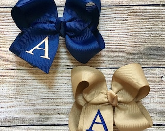 Set of 2 Monogrammed Small, Medium or Large Back to School Navy & Khaki Hair Bows…Personalized School Uniform Boutique Hair Bow with Initial