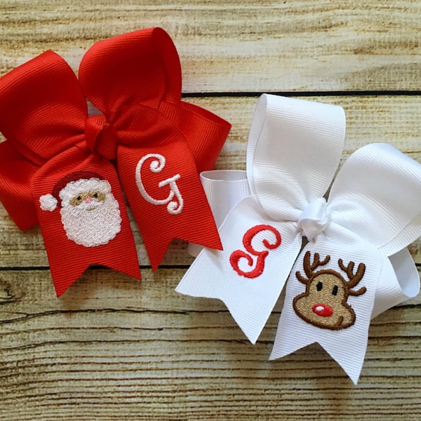 You Choose Colors...Monogrammed Medium or Large Hair Bow with Embroidered Christmas Design …Christmas Tree, Penguin, Rudolph, Santa, Snowman