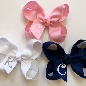 Set of 3 or 5 Small Monogrammed Hair Bows…Personalized 3 inch Boutique Bows with Embroidered Initial…You Choose Colors!!