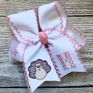 Medium or Large Monogrammed Turkey Hair Bow, Personalized Thanksgiving, Fall Boutique Hairbow w/ Initial Monogram, Moonstitch Custom Bows