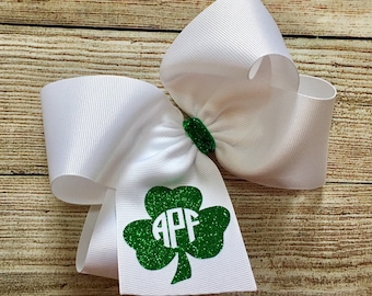 You Choose Colors...Small, Medium, Large Monogrammed St. Patrick's Day Hair Bow…Personalized Glitter Shamrock Boutique Bow w/ Monogram