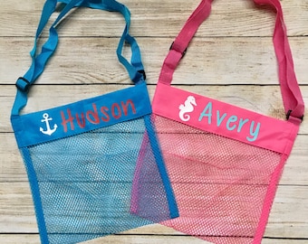 Personalized Seashell Mesh Tote…Custom Kids Beach Bag…Monogrammed Summertime Sea Shell Bags…Summer Beach Accessories with Name or Monogram