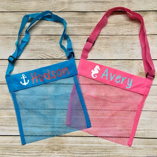 Personalized Seashell Mesh Tote…Custom Kids Beach Bag…Monogrammed Summertime Sea Shell Bags…Summer Beach Accessories with Name or Monogram