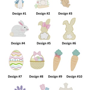 Puede incluir: Imagen que muestra 13 dise&ntilde;os de bordado, incluyendo conejos, huevos de Pascua, zanahorias y arreglos florales. Los dise&ntilde;os est&aacute;n numerados e incluyen una cruz, una cesta de huevos y un conejo en un columpio.