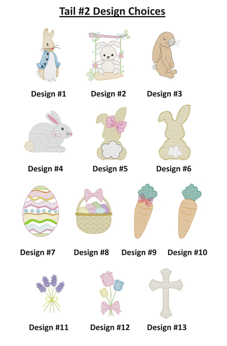 Puede incluir: Imagen que muestra 13 dise&ntilde;os de bordado, incluyendo conejos, huevos de Pascua, zanahorias y arreglos florales. Los dise&ntilde;os est&aacute;n numerados e incluyen una cruz, una cesta de huevos y un conejo en un columpio.