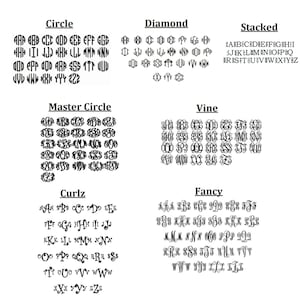 May include: A chart showing different monogram styles, including Circle, Diamond, Stacked, Master Circle, Vine, Curlz, and Fancy. Each style shows the alphabet in uppercase letters.