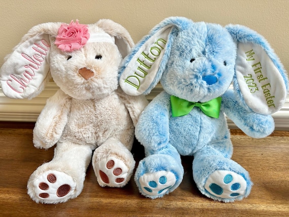 Personalized Easter Bunny Kids Stuffed Animal Plush Rabbit Easter Basket Embroidered Ear Bunnies New Baby Gift pink Blue Brown Gray Etsy