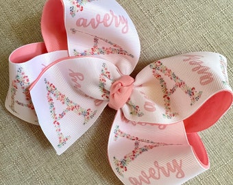Personalized Monogrammed Medium or Large Hair Bow with Floral Initial and Name Hairbow, Custom Flower Spring Flowers Layered Hairbows