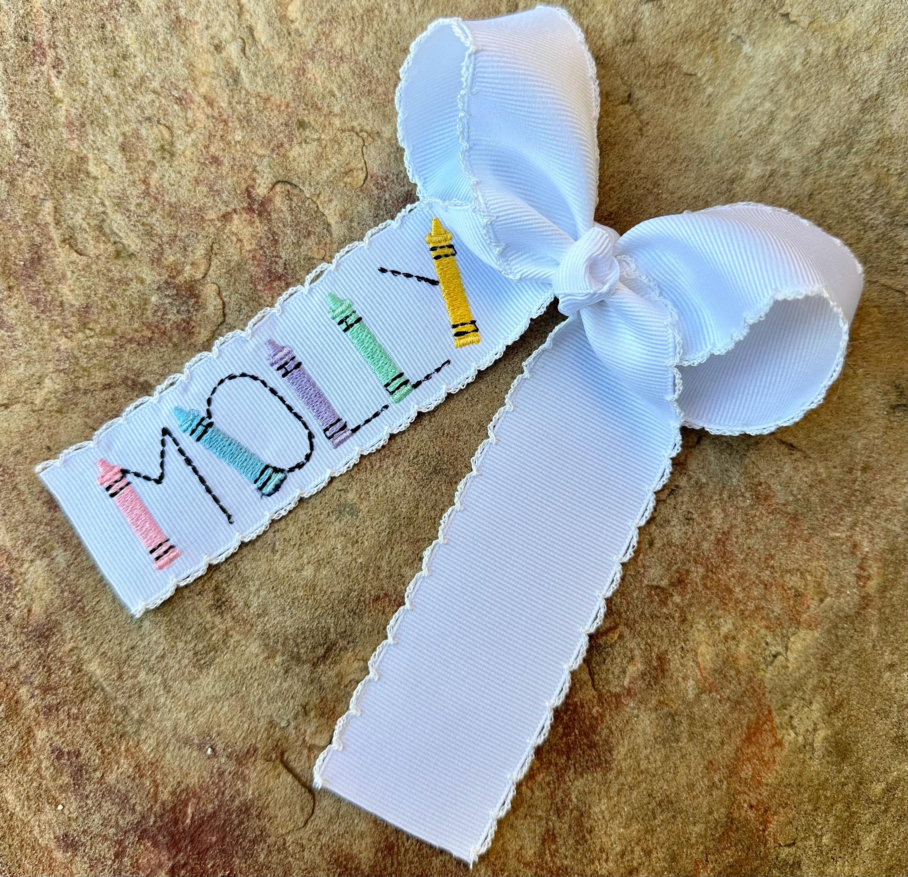 Personalized Monogrammed Medium Large Moonstitch Hair Bow with Embroidered Crayon Name Hairbow, Custom Back to School Hairbows Moon Stitch