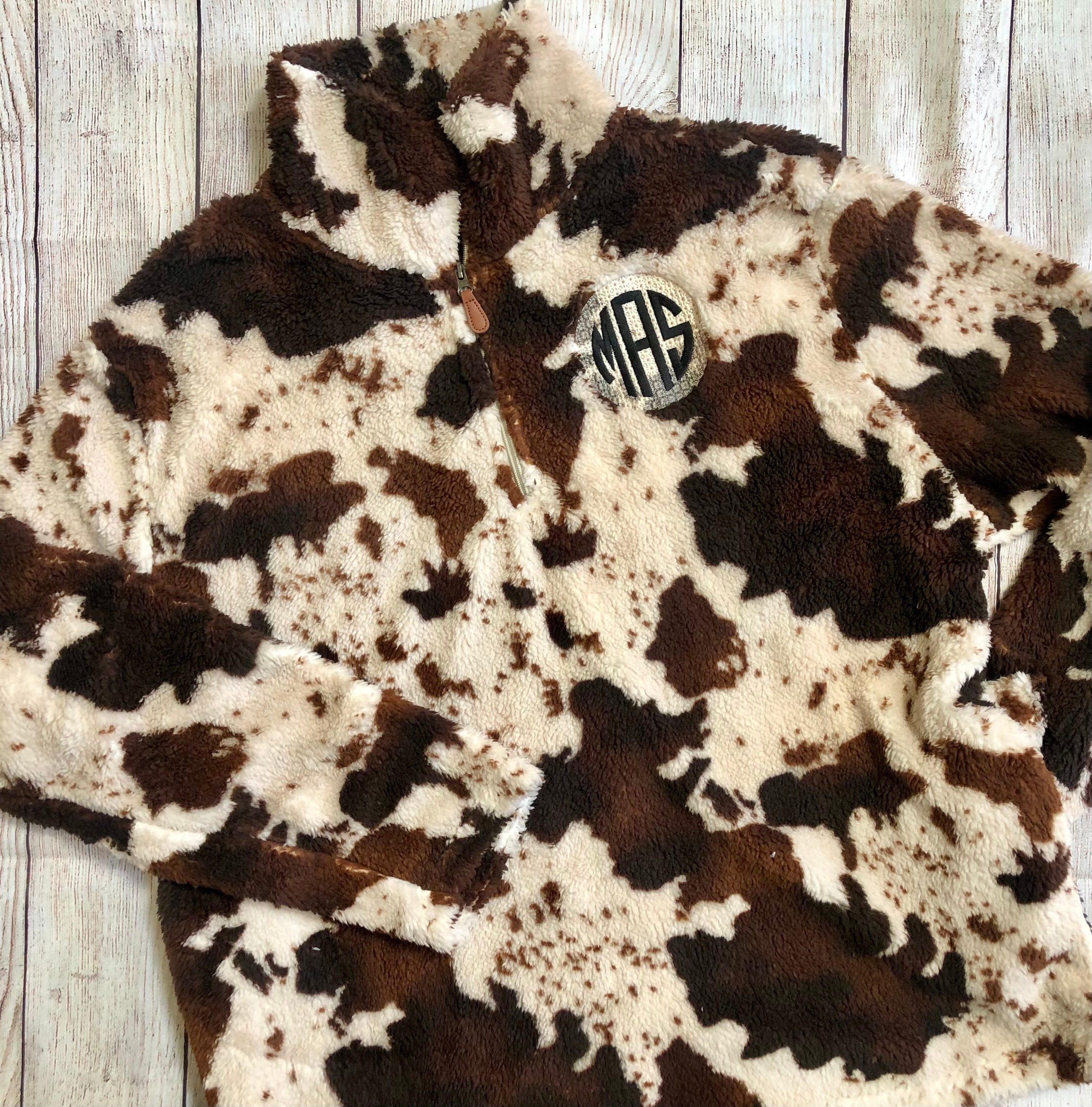 Cow Hide Print Womens and Kids Monogrammed Sherpa Zipper Pullover